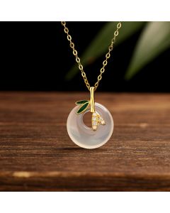 Buddha Stones 925 Sterling Silver Natural Chalcedony Bamboo Leaf Peace Buckle Positive Necklace Pendant - Silver Bamboo Chalcedony