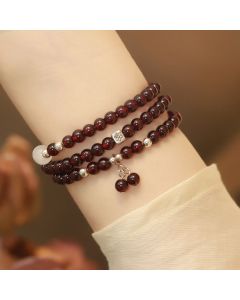 Buddha Stones 925 Sterling Silver Natural Garnet Cat Eye Protection Triple Wrap Bracelet - 18cm