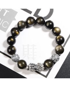 Buddha Stones 925 Sterling Silver Natural Gold Sheen Obsidian PiXiu Wealth Protection Bracelet - 14mm