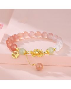 Buddha Stones 925 Sterling Silver Natural Gradient Agate Hetian Jade Lotus Fu Character Enlightenment Bracelet - Agate(Wrist Circumference 14-16cm)