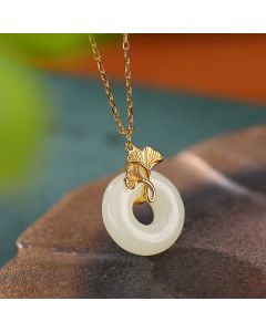 Buddha Stones 925 Sterling Silver Natural Hetian Jade Ginkgo Leaf Peace Buckle Luck Necklace Pendant - Hetian Jade(Prosperity♥Abundance)