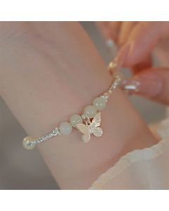 Buddha Stones 925 Sterling Silver Natural Hetian Jade Luck Butterfly Charm Bracelet - Hetian Jade(Wrist Circumference 14-16cm)