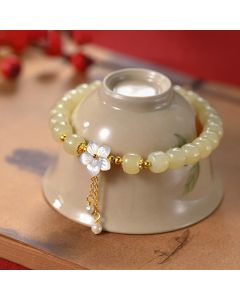 Buddha Stones 925 Sterling Silver Natural Hetian Jade Luck Flower Bracelet - Hetian Jade(Wrist Circumference 14-16cm)