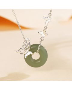Buddha Stones 925 Sterling Silver Natural Hetian Jade Peace Buckle Butterfly Luck Prosperity Bracelet Necklace Pendant - Jade Bracelet(Wrist Circumference 14-17cm)
