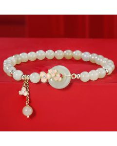Buddha Stones 925 Sterling Silver Natural Hetian Jade Peach Blossom Peace Buckle Zircon Luck Bracelet Necklace Pendant - Jade Necklace