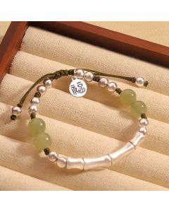 Buddha Stones 925 Sterling Silver Natural Jade Fu Character Bamboo Abundance Bracelet - Jade(Wrist Circumference14-19cm)