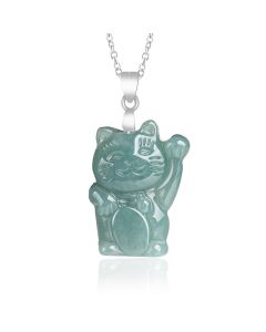 Buddha Stones Natural Jade Lucky Cat Abundance Titanium Steel Necklace Pendant - Jade