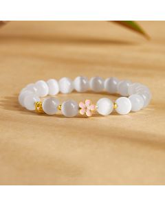 Buddha Stones 925 Sterling Silver Natural Peach Blossom White Cat's Eye Positive Bracelet - White Cat's Eye(Wrist Circumference:17-19cm)