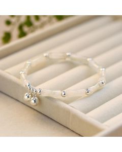 Buddha Stones 925 Sterling Silver Natural White Jade Bamboo Bell Charm Luck Happiness Bracelet - Hetian White Jade(Protection♥Happiness)(Wrist Circumference 14-16cm)