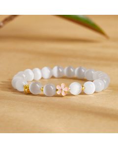 Buddha Stones 925 Sterling Silver Peach Blossom Lucky Bag White Cat's Eye Luck Bracelet - White Cat's Eye(Wrist Circumference: 17-19cm)