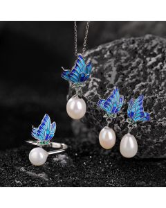 Buddha Stones 925 Sterling Silver Pearl Butterfly Healing Necklace Pendant Earrings Ring - Ring(Inner Perimeter 54-60mm)