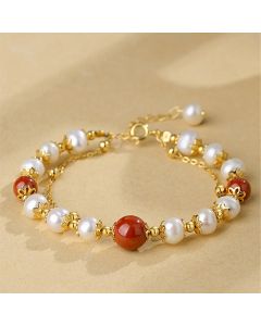 Buddha Stones 925 Sterling Silver Pearl Cinnabar Wisdom Bead Double Layer Chain Bracelet - Pearl&Cinnabar