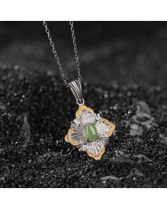 Buddha Stones 925 Sterling Silver Plated Gold Hetian Cyan Jade Rhombus Design Luck Healing Necklace Pendant - Cyan Jade(Success♥Healing)