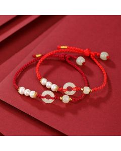 Buddha Stones 925 Sterling Silver Plated Gold Hetian Jade Peace Buckle Pearl Luck Bracelet - Dark Red Rope(Wrist Circumference 14-16cm)