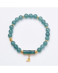 Buddha Stones 925 Sterling Silver Plated Gold Natural Green Jade Bamboo Charm Luck Bracelet - Jade(Wrist Circumference 14-16cm)