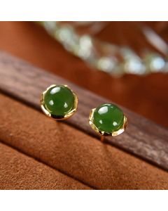 Buddha Stones 925 Sterling Silver Plated Gold Natural Hetian Cyan Jade Bead Luck Stud Earrings - Hetian Cyan Jade(Bead Approx. 6mm)