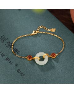 Buddha Stones 925 Sterling Silver Plated Gold Natural Hetian Jade Peace Buckle Red Agate Luck Bracelet - Hetian Jade(Prosperity♥Abundance)(Bracelet Size 16+3cm)
