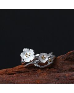 Buddha Stones 925 Sterling Silver Plum Bossom Balance Ring - Gold stamens