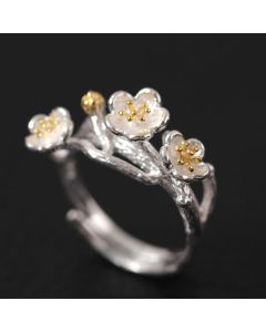 Buddha Stones 925 Sterling Silver Plum Bossom Calm Ring - Silver