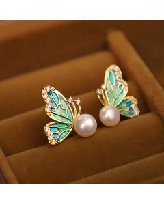 Buddha Stones 925 Sterling Silver Posts 18K Gold Plated Copper Natural Pearl Butterfly Healing Stud Earrings - Gray Pearl(925 Sterling Silver Posts)
