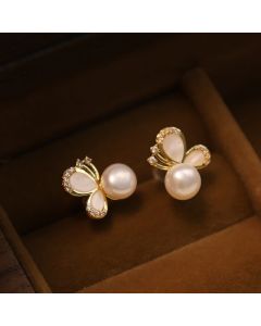 Buddha Stones 925 Sterling Silver Posts 18K Gold Plated Copper Natural Pearl Butterfly Zircon Healing Stud Earrings - Pearl Butterfly(925 Sterling Silver Posts)