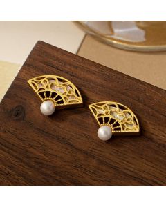 Buddha Stones 925 Sterling Silver Posts Fan Pattern Pearl Copper Wisdom Stud Drop Earrings - Pearl Copper(925 Sterling Silver Posts)