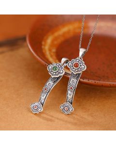 Buddha Stones 925 Sterling Silver Red Agate Cyan Jade Auspicious Clouds Ruyi Handle Blessing Necklace Pendant - Cyan Jade Ruyi Handle