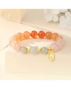 Buddha Stones 925 Sterling Silver Red Agate Hetian Jade Cat Fu Character Confidence Bracelet - Red Agate(Wrist Circumference: 15-17cm)