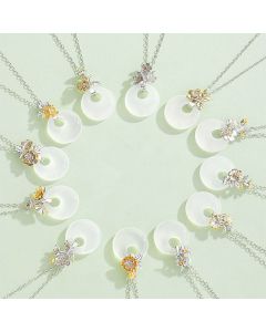 Buddha Stones 925 Sterling Silver Round Chalcedony Twelve Months Flower Harmony Necklace Pendant - Narcissus