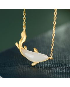 Buddha Stones 925 Sterling Silver White Jade Dolphin Luck Necklace Pendant - Silver Koi Fish