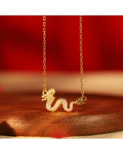 Buddha Stones 925 Sterling Silver Year Of The Dragon Auspicious Golden Dragon Luck Chain Necklace Pendant - 4.78g