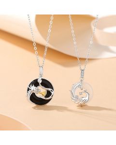 Buddha Stones 925 Sterling Silver Year of the Dragon Natural Black Onyx Chalcedony Dragon Phoenix Peace Buckle Protection Necklace Pendant - Phoenix Chalcedony(Positive♥Harmony)