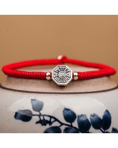 Buddha Stones 925 Sterling Silver Yin Yang Bagua Symbol Cinnabar String Concentration Bracelet - Cinnabar Beads(Elastic String) / 23cm
