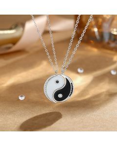 Buddha Stones 925 Sterling Silver Yin Yang Symbol Harmnoy Necklace Pendant - Black