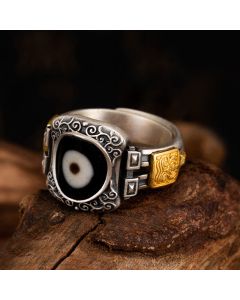 Buddha Stones 925 Sterling Silver Zakiram Goddess of Wealth Design Dzi Bead Protection Ring - Circumference: 7cm(Adjustable)