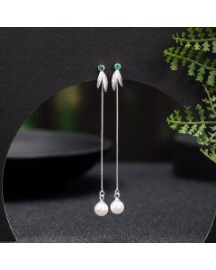 Buddha Stones 925 Sterling Silver Zircon Pearl Bamboo Leaves Protection Drop Earrings - Bamboo Leaves Earrings