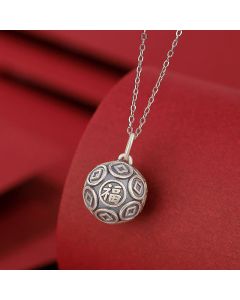 Buddha Stones 990 Sterling Silver Fu Character Copper Coin Luck Fortune Chain Necklace Pendant - Fu Character(Happiness♥Blessing)