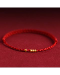 Buddha Stones 999 Gold Beads Luck Braided Protection Couple Bracelet - Red Rope(One&Four Gold Beads and One&Three Gold Beads) / 24cm