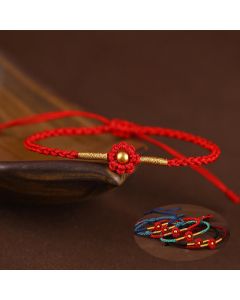 Buddha Stones 999 Gold Mini Bead Handmade Flower Design Luck Protection Rope Bracelet - 4mm Bead Dark Red(Wrist Circumference 14-18cm)