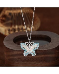 Buddha Stones 999 Sterling Silver Butterfly Blue Enamel Protection Necklace Pendant - 999 Sterling Silver