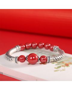 Buddha Stones 999 Sterling Silver Cinnabar Wheat Ears Blessing Bracelet Bangle - Cinnabar(Wrist Circumference: 14-16cm)