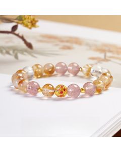 Buddha Stones 999 Sterling Silver Citrine Strawberry Quartz White Crystal Protection Bracelet - Citrine(Wrist Circumference: 17-19cm)