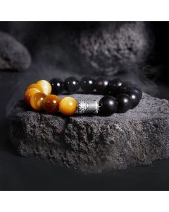 Buddha Stones 999 Sterling Silver Ebony Tiger Eye Black Obsidian Relax Bracelet - Ebony(Wrist Circumference:18-20cm)