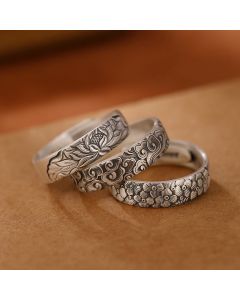 Buddha Stones 999 Sterling Silver Lotus Flower Plum Blossom Auspicious Clouds Engraved Enlightenment Ring - Auspicious Clouds
