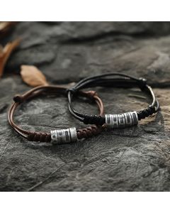 Buddha Stones 999 Sterling Silver Morse Code Wax Rope Blessing Bracelet - 999 Sterling Silver Brown Wax Rope(Wrist Circumference: 14-21cm) / Morse Code:LUCKY