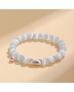 Buddha Stones 999 Sterling Silver Natural Cat Head White Cat's Eye White Agate Positive Bracelet - White Agate(Wrist Circumference:13-15cm)