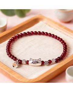 Buddha Stones 999 Sterling Silver Natural Cute Cat Head Garnet Protection Bead Bracelet - 6mm Garnet(Wrist Circumference:13-15cm)