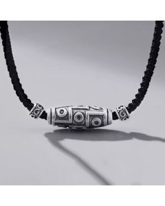 Buddha Stones 999 Sterling Silver Nine-Eye Dzi Bead Pattern Protection Rope Necklace Pendant - 999 Sterling Silver&Rope