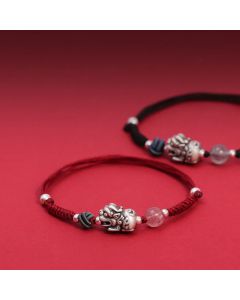 Buddha Stones 999 Sterling Silver PiXiu Strawberry Quartz Bead Wealth Luck Braided Bracelet - Black Rope(Wrist Circumference 14-19cm)