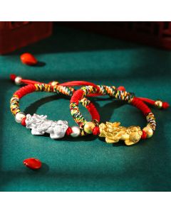 Buddha Stones 999 Sterling Silver PiXiu Wealth King Kong Knot String Braided Kids Child Bracelet - 999 Sterling Silver Golden PiXiu / Red Rope(Bracelet Size 12+4cm)